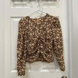 Ruched long sleeved top in brown and beige yellow women’s size S